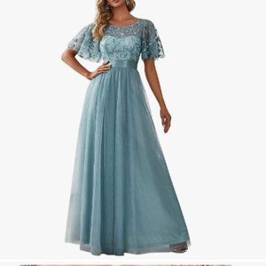 Women's blue green A-Line Empire Waist Embroidered Evening Dress, sz 16